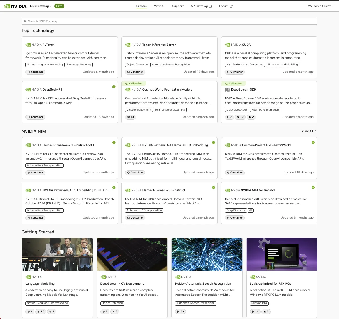 NVIDIA NGC Catalog interface showing catalog navigation and featured resources