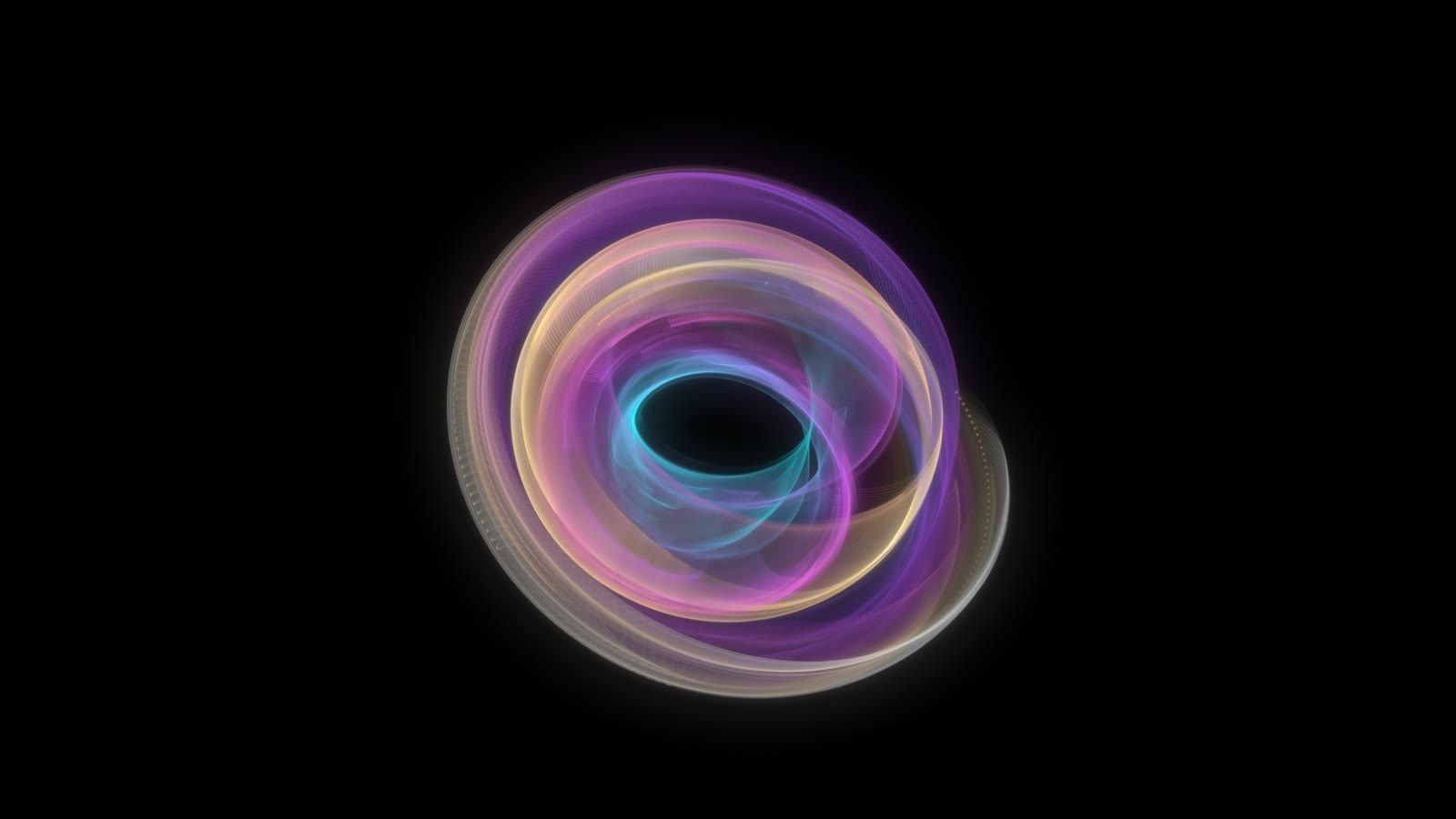 The Aizawa attractor: a glowing sphere of violet, gold and teal threads with a tunnel through its axis