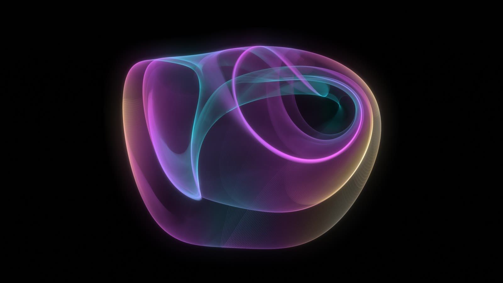 Discoveries II: a translucent violet and gold strange attractor on black