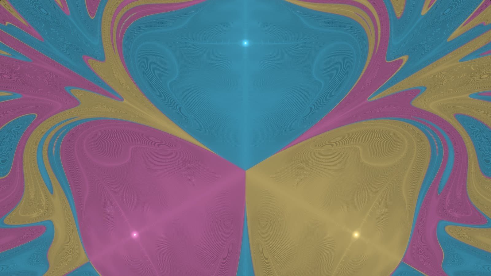 Magnetic pendulum basins: interlocking teal, magenta and gold regions around three bright magnets