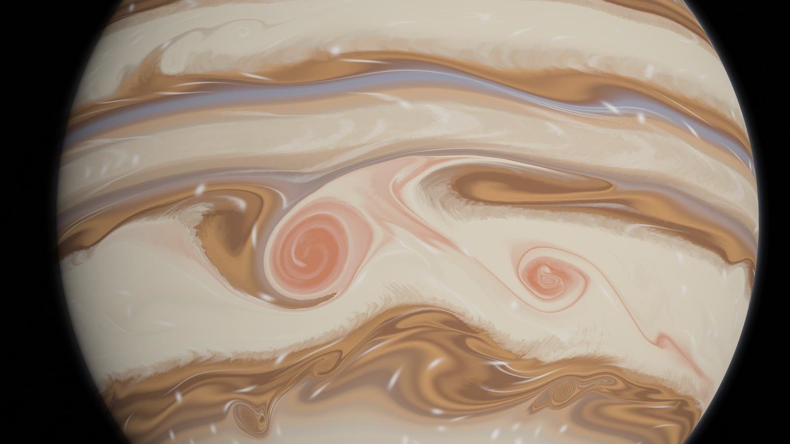 Jupiter-like bands and storms in a cream and rust palette