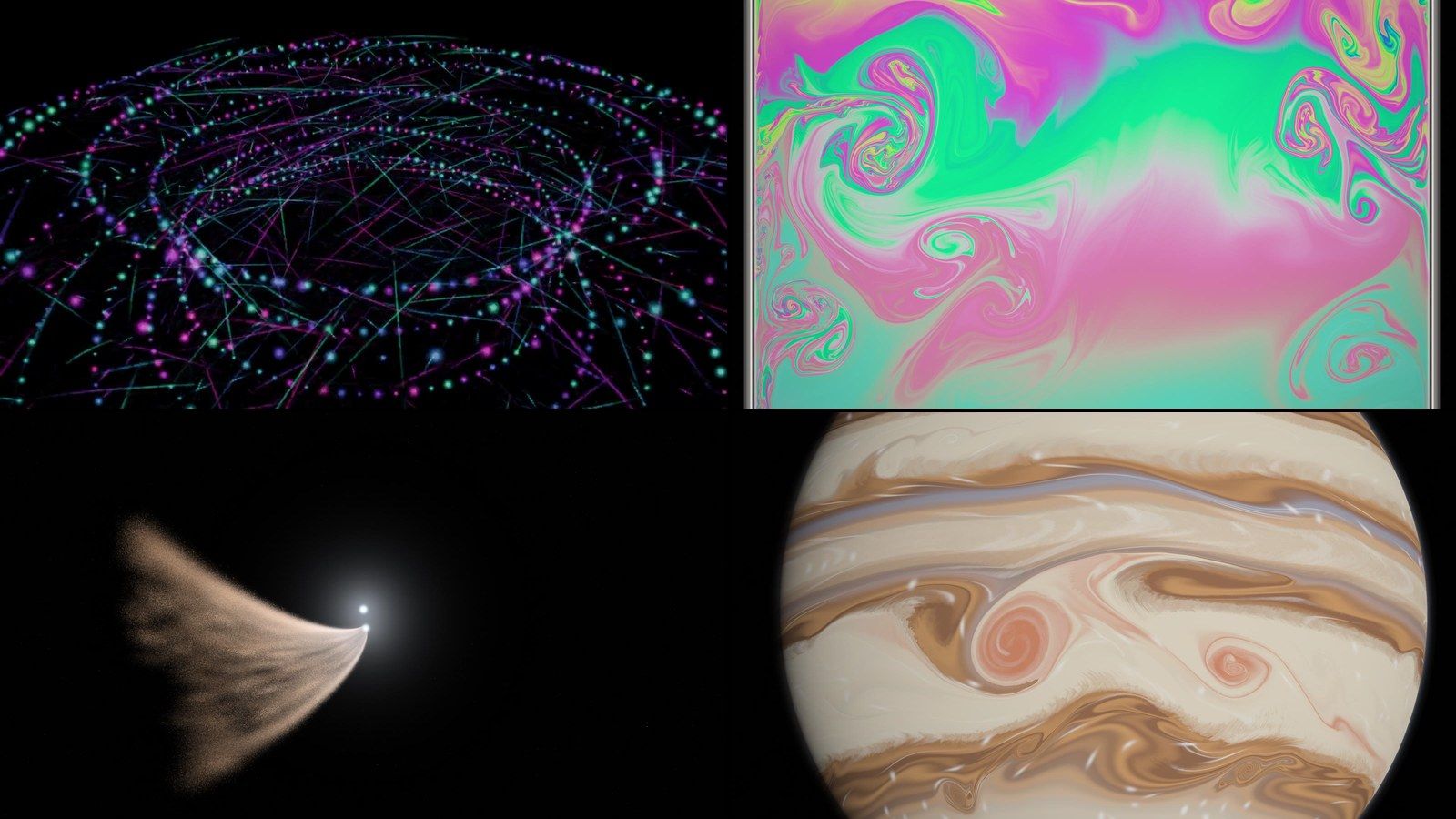 Everdust on Vision Pro and iPhone: a particle galaxy, iridescent soap film, a comet and a gas giant