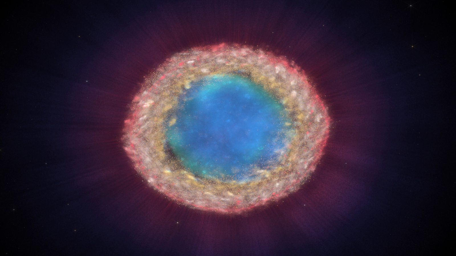 The simulated Ring Nebula seen face-on: a blue core inside a thick ring of pink and gold gas knots, in a faint violet halo on black