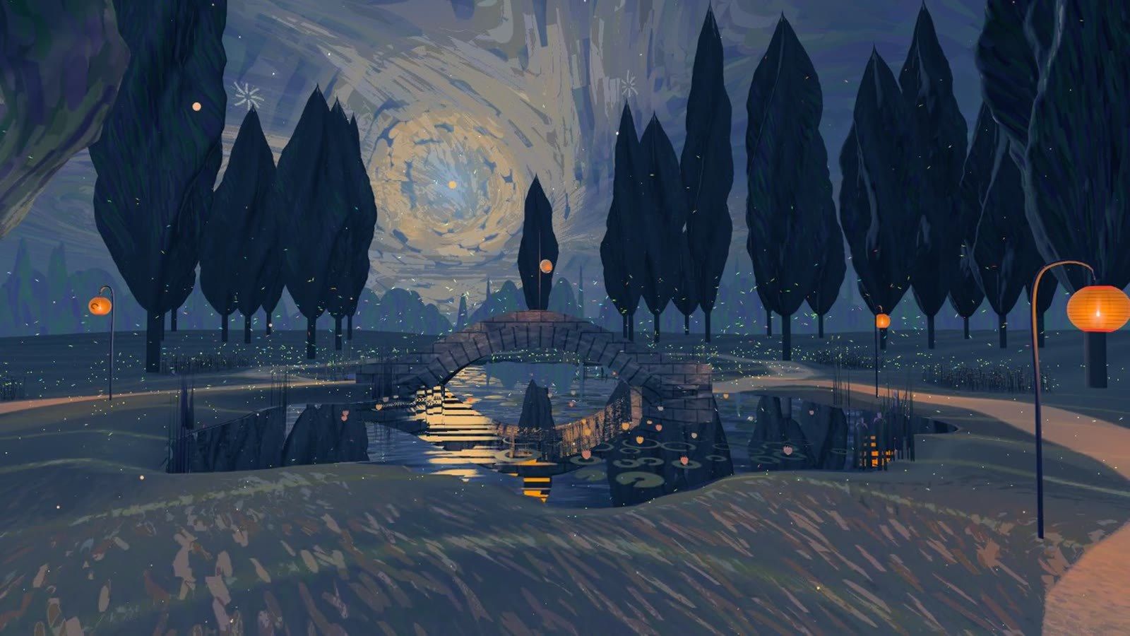 A moonlit garden of cypress trees and lanterns, painted in a Van Gogh style