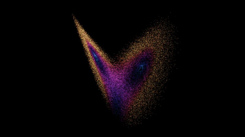 The live Strange Attractors scene: a Lorenz butterfly of violet and gold particles on black