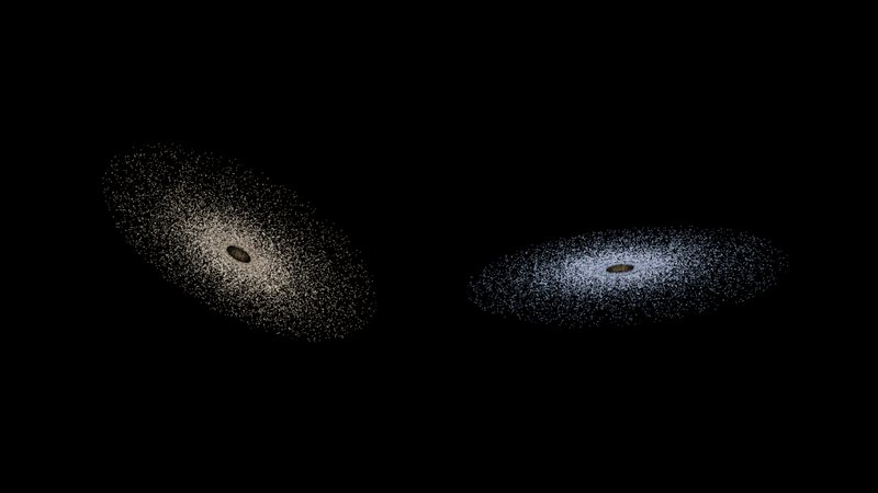 Two disk galaxies approaching each other on black