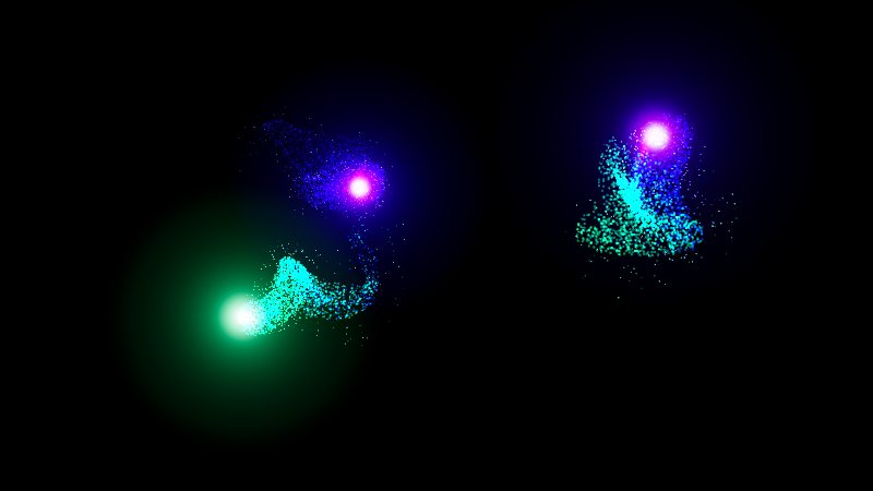 Three glowing orbs stirring swirls of teal and blue ink on black