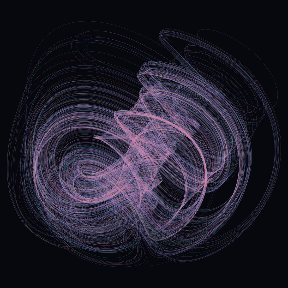 A single unbroken path drawn as a fine violet and pink line for 5,000 time units, wrapping into a dense, shell-like tangle that never closes on itself.