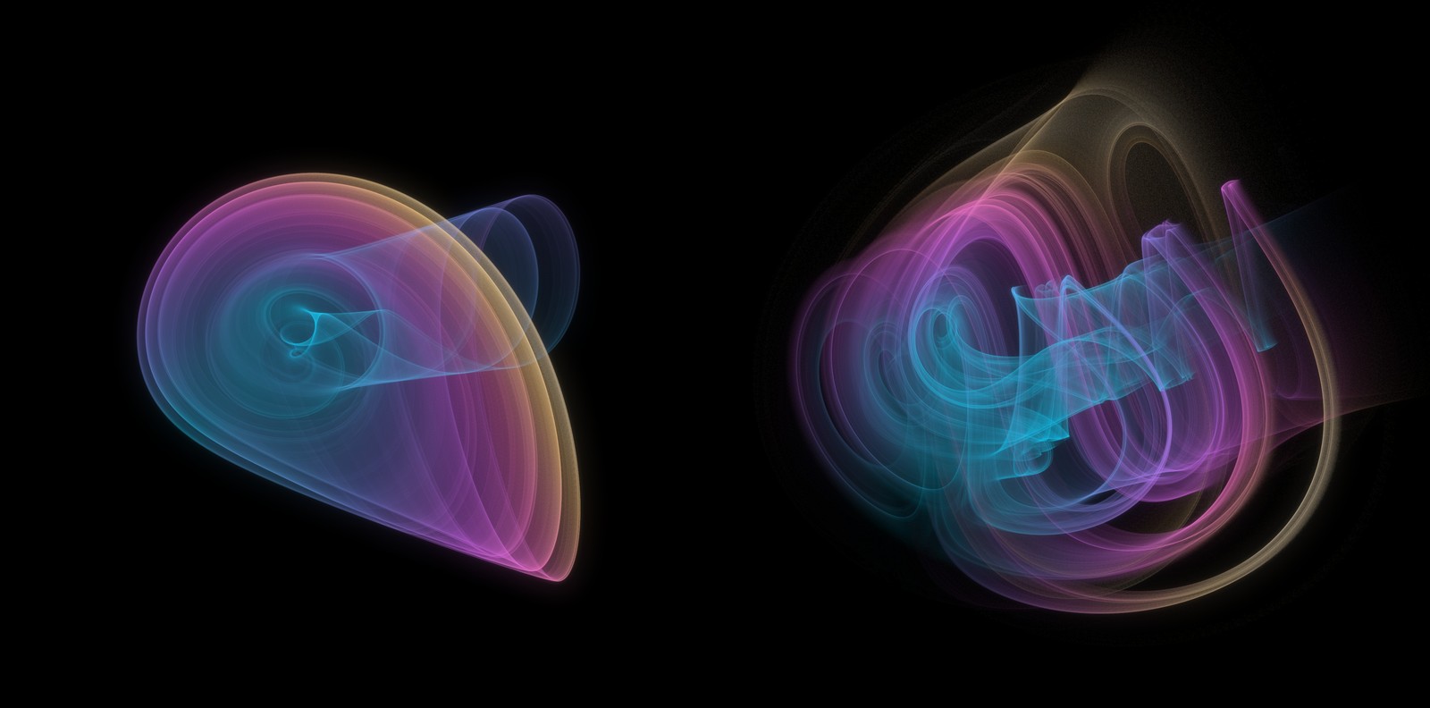 Two renders side by side on black. Left: the original 15-term Conch, a smooth seashell spiral in violet, cyan and amber. Right: the 7-term core seen face-on, a looser tangle of translucent cyan, violet and amber ribbons.