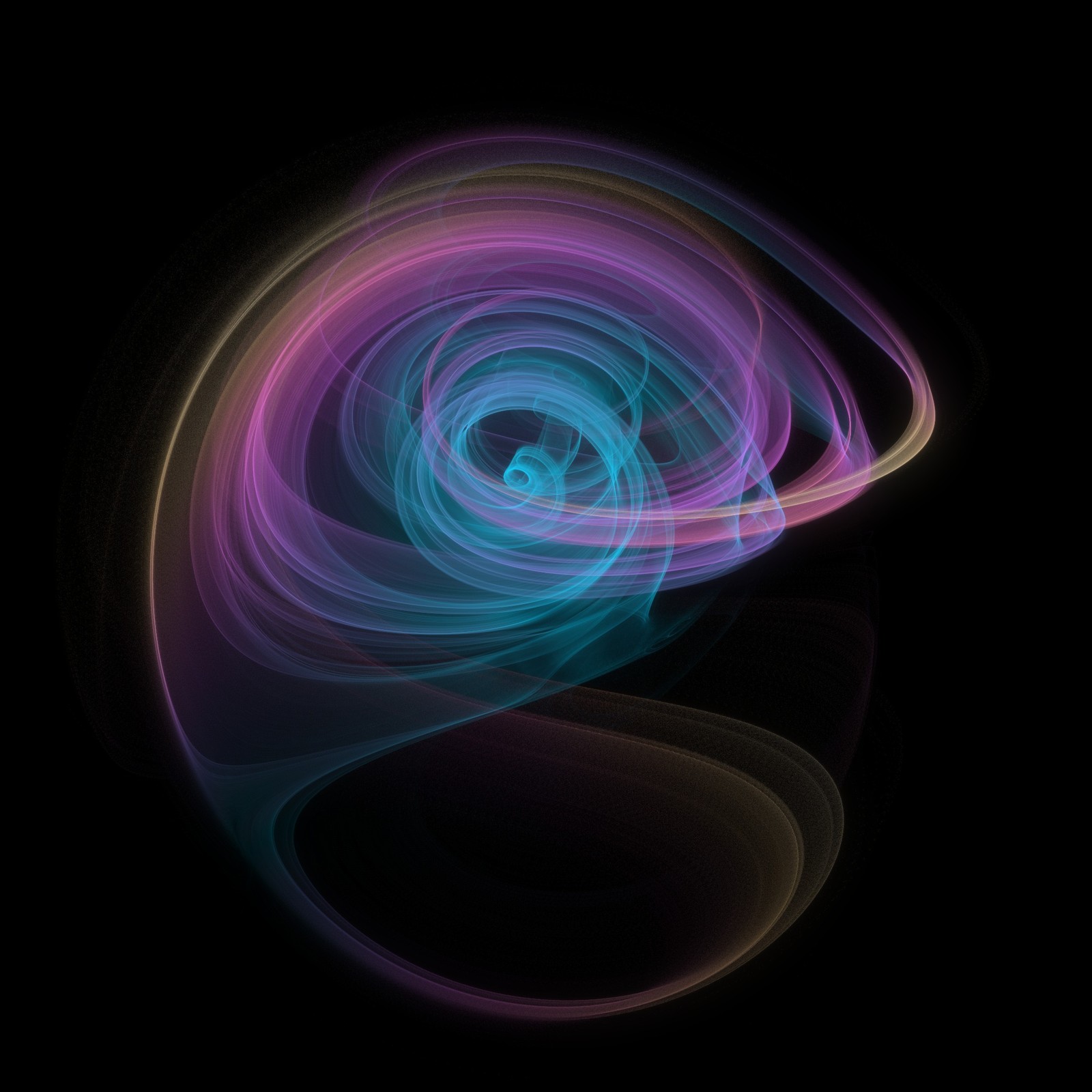 The Conch attractor seen down its spiral axis: 40 million glowing particles tracing iridescent cyan, violet and amber filaments that coil like a seashell on a black background.