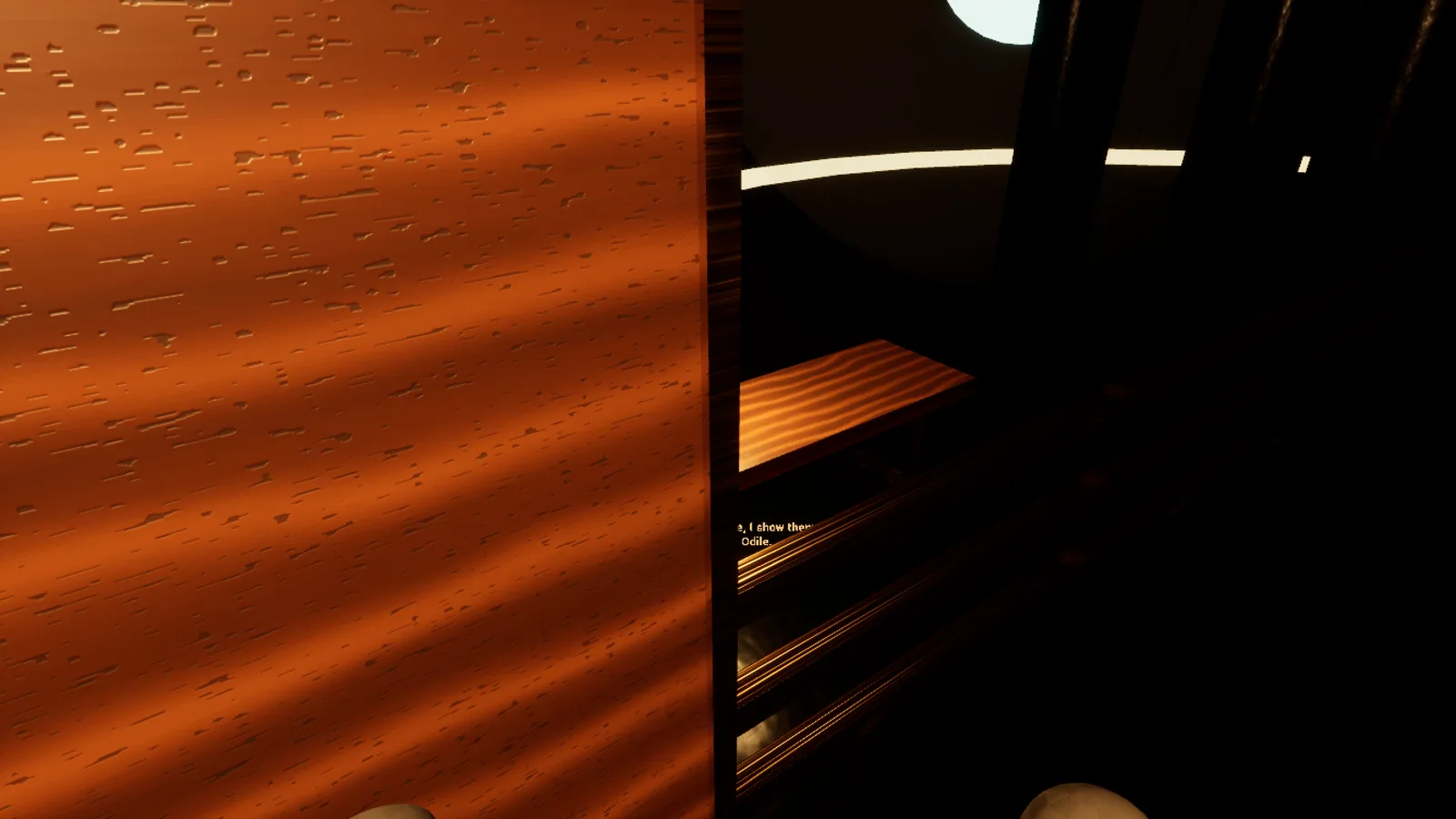 A first-person frame where a large orange wall surface fills half the view, the camera plainly inside the geometry