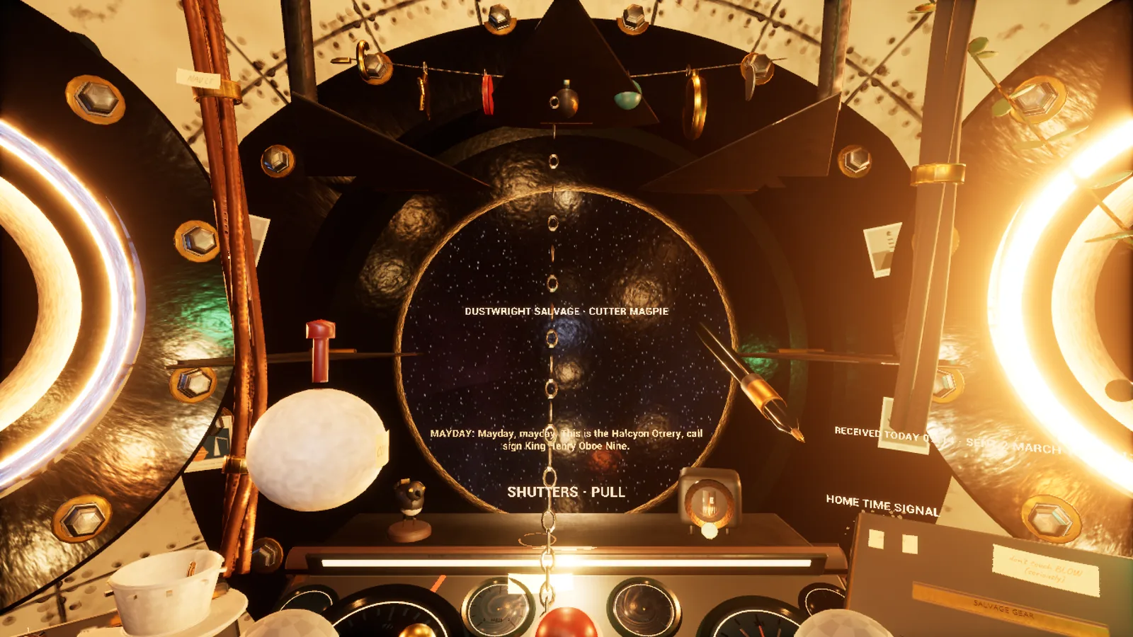 The cockpit of a small brass-and-copper salvage tug, its round porthole showing stars, with a mayday message and a lever labelled SHUTTERS · PULL