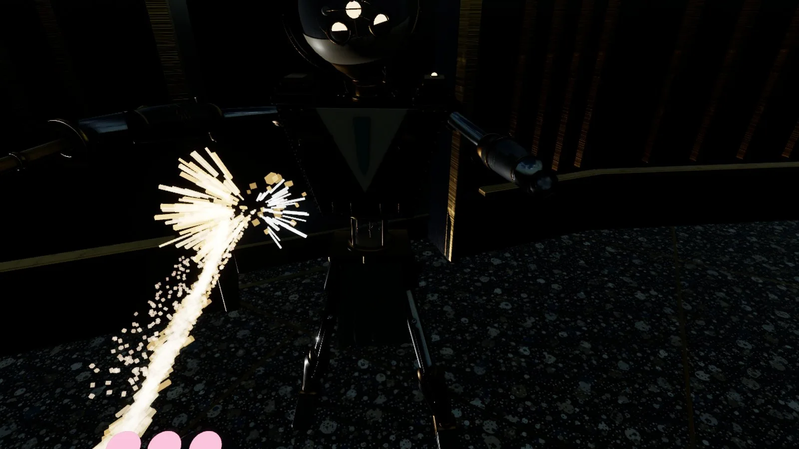 A first-person view of a glowing blade striking a dark mechanical figure in a dim rotunda, throwing off a spray of sparks