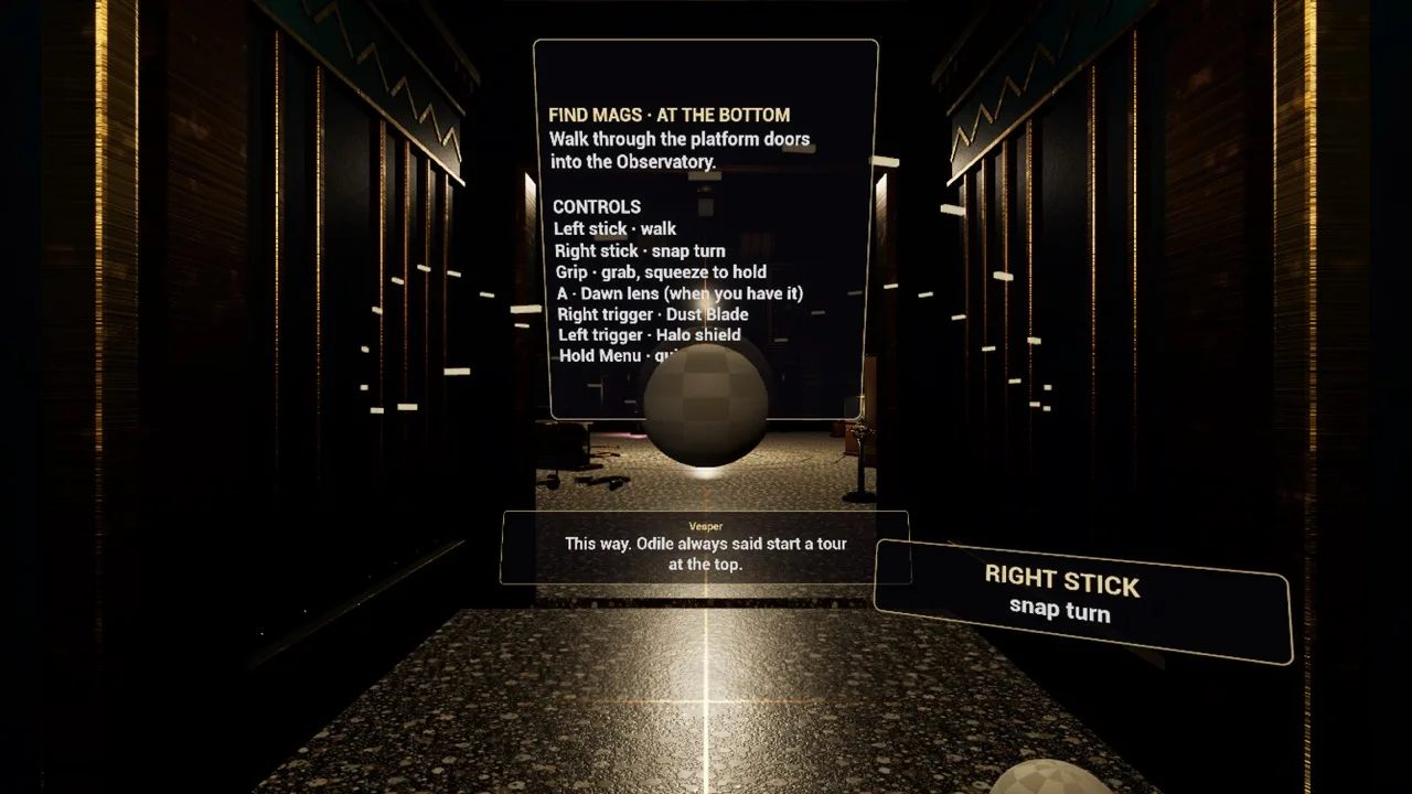 A dim corridor with a card floating above the wrist listing the current objective and the controls, and a brass tag reading RIGHT STICK, snap turn