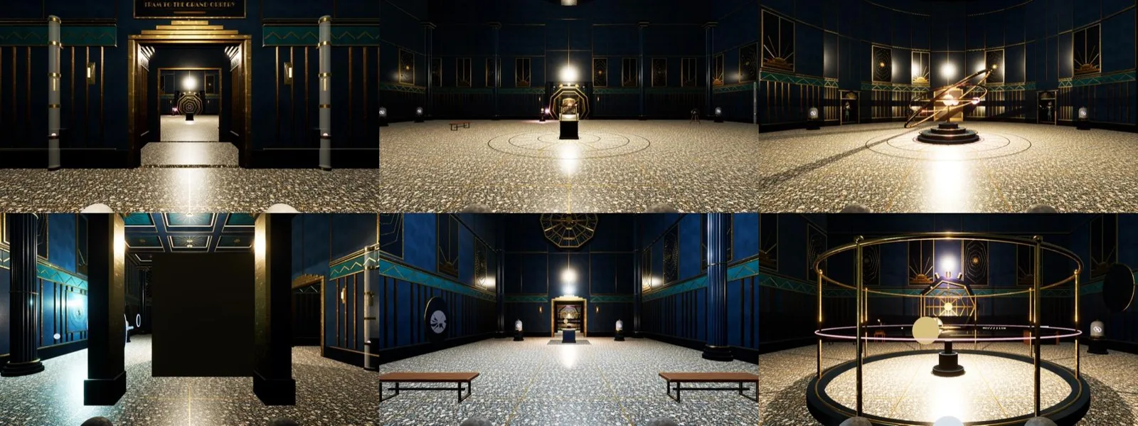 Six small views of dark, art-deco museum rooms with brass fittings, glowing display cases and an orrery under a domed ceiling