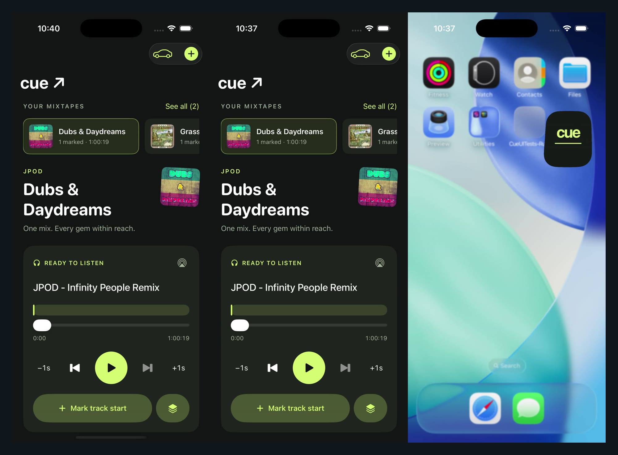 Three iPhone screens of Cue: the mixtape library with a mix ready to listen, the same mix playing, and the app icon on the home screen.